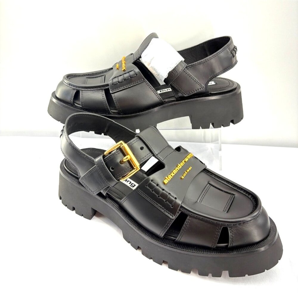 Alexander Wang Carter Cage Sandals Logo Black Leather Chunky Heel Women Size 38